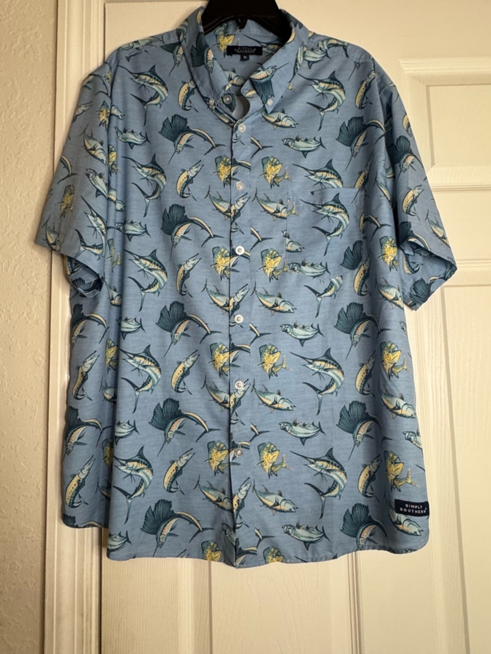 Simply Southern Light Blue Short-Sleeve Fish Print Button-Down
